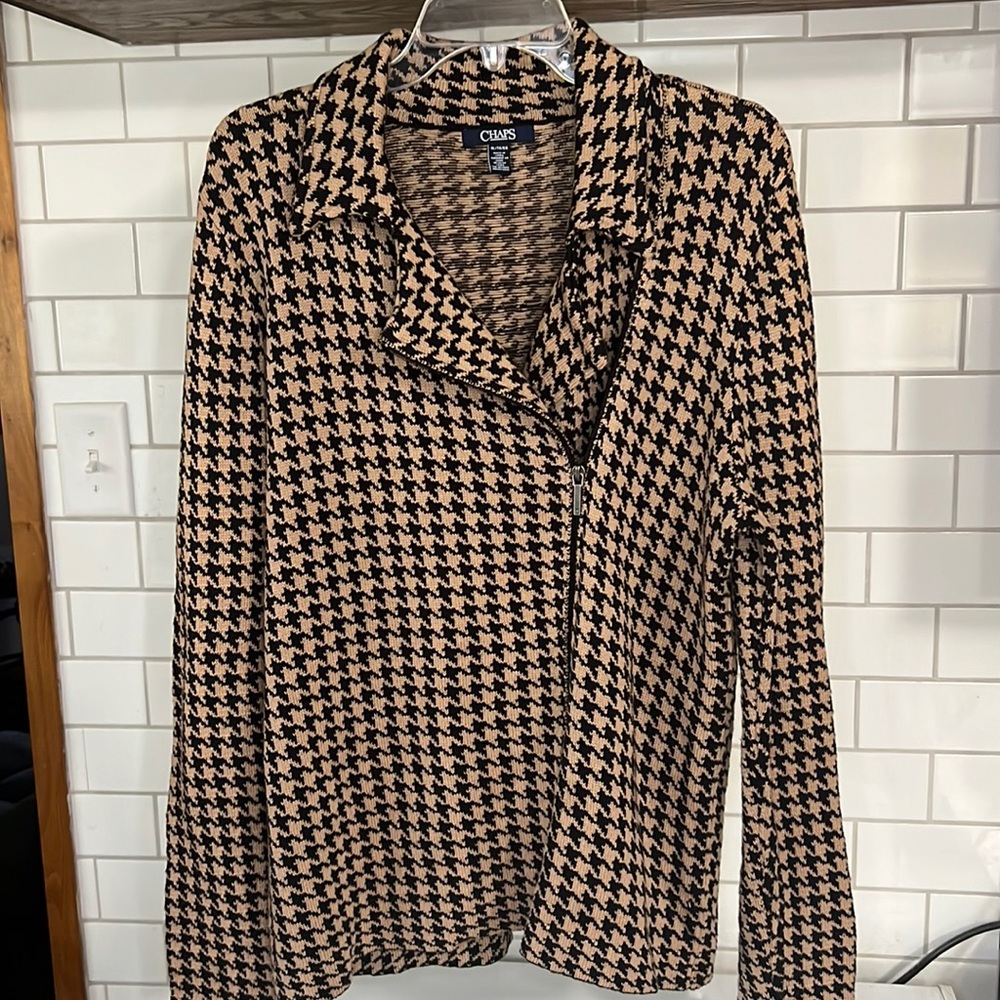 Chaps Houndstooth Sweater Assymetrical Zipper Size XL Brown Black Moto Jacket